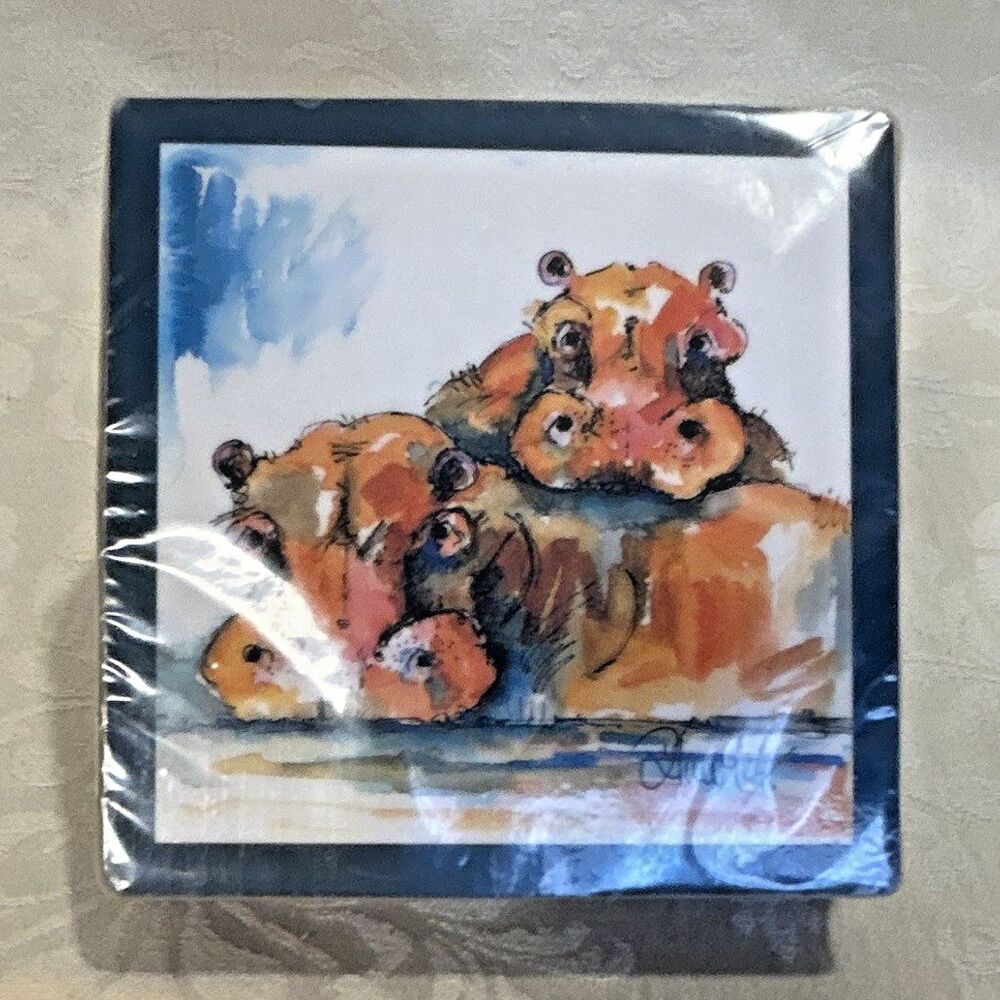 The Verandah Gallery Animals of Africa Wood Coaster Set, 6 Square Stackable 4in
